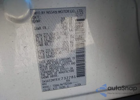 2018 Nissan Rogue S z USA, uszkodzony, nr VIN 5N1AT2MT9JC732781